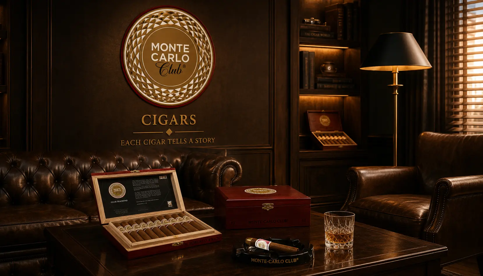 Monte-Carlo Club® cigar boxes and cigars displayed in an elegant cigar lounge.